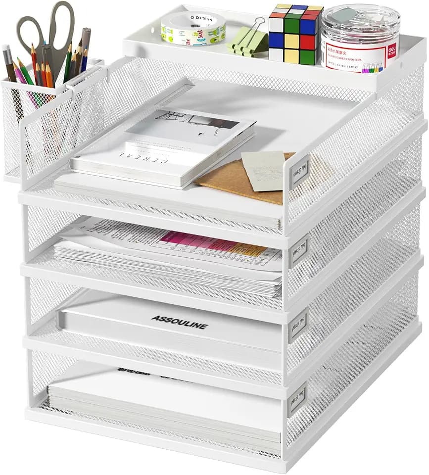 FANXIYQ Stackable Letter Trays, 4 Tier Metal Paper Tray & Desk Organizer, Stackable File Trays for Office & Home, Multi-Functional Document Tray with Fine Grid Design & Magnetic Labels,White