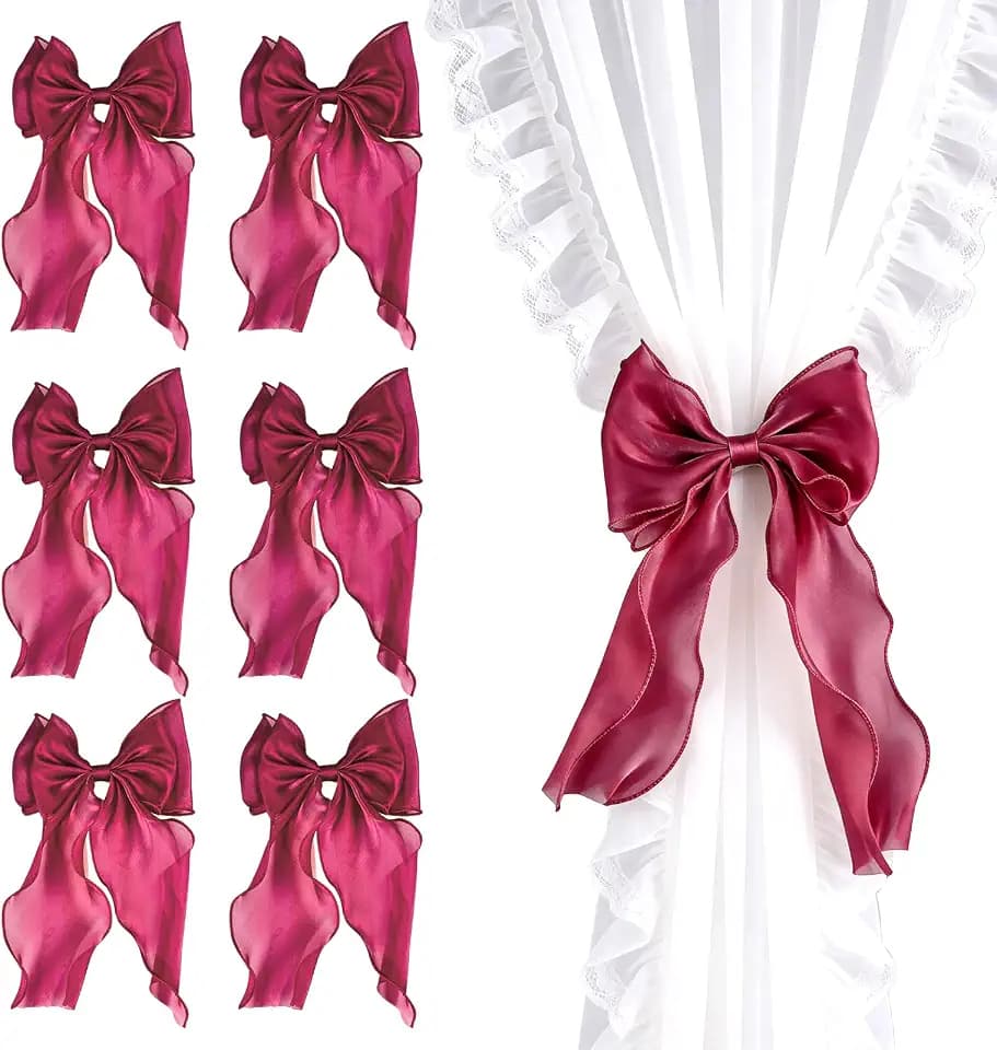 6PCS Silky Bow Curtain Holdersbacks Elegant Lace Bow Curtain Holders for Curtains Decorative,Red