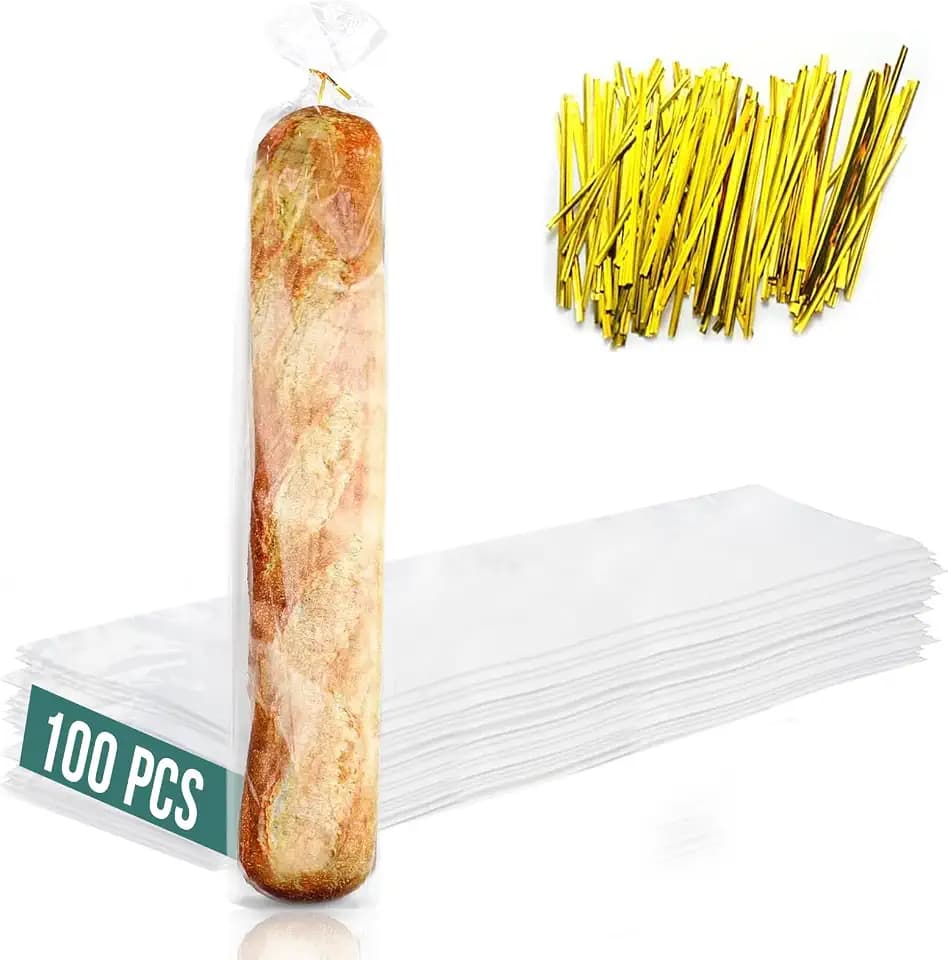 Plastic Bread Bags for Homemade Bread (6x28 inch) - Clear Baguette Bag with Ties For An Airtight Moisture-free Preservation and Storage
