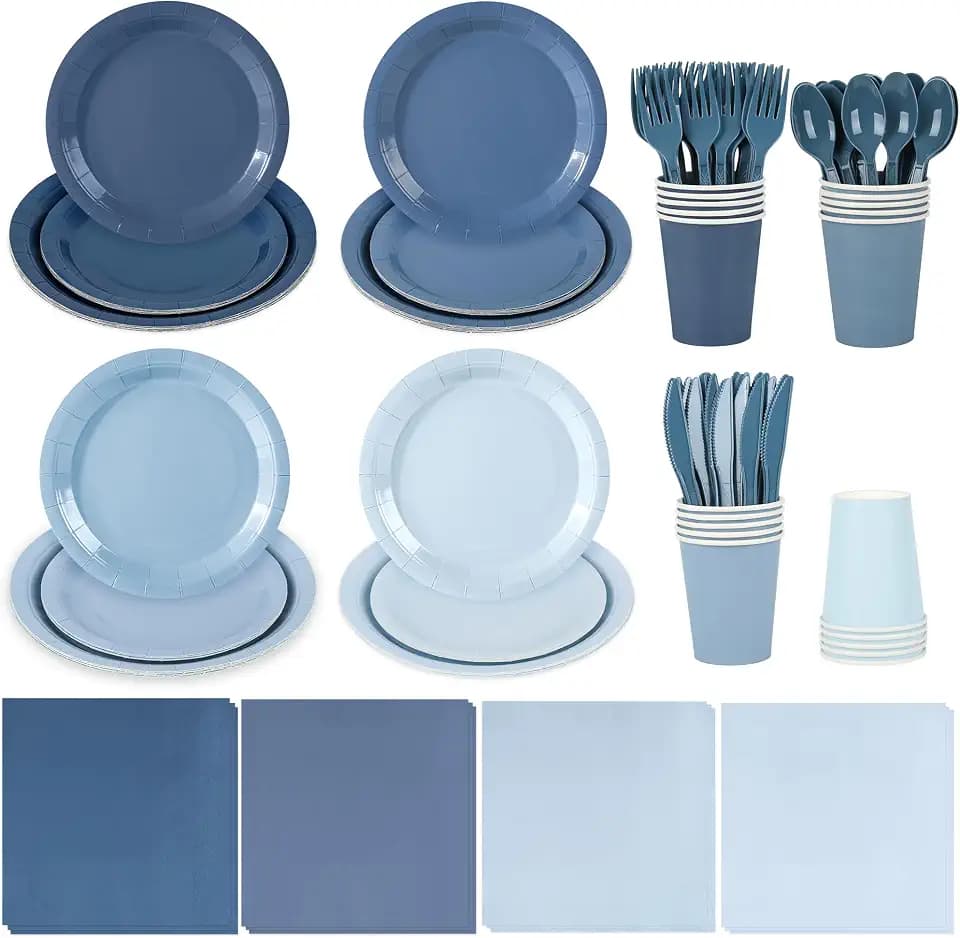 168Pcs Gradient Dusty Blue Paper Plates and Napkins for 24 Guests