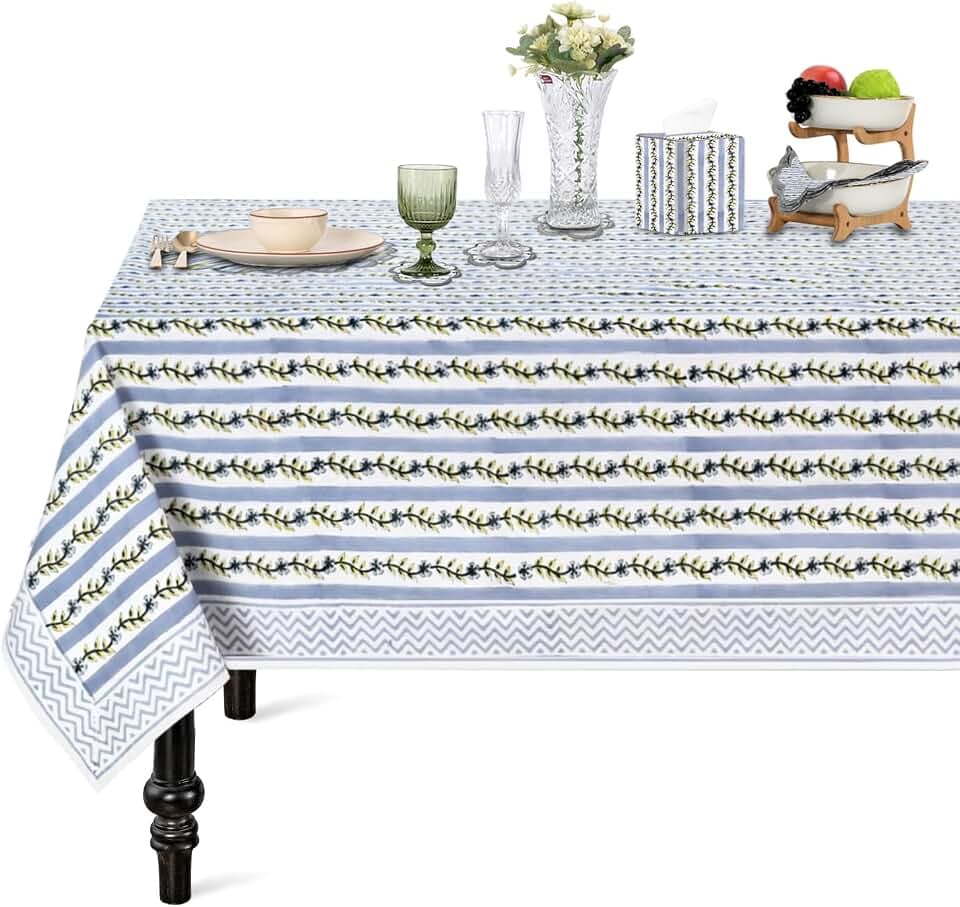 Ridhi Blue Meadow Vine Hand Block Print Rectangle Tablecloth 90x60 Inch