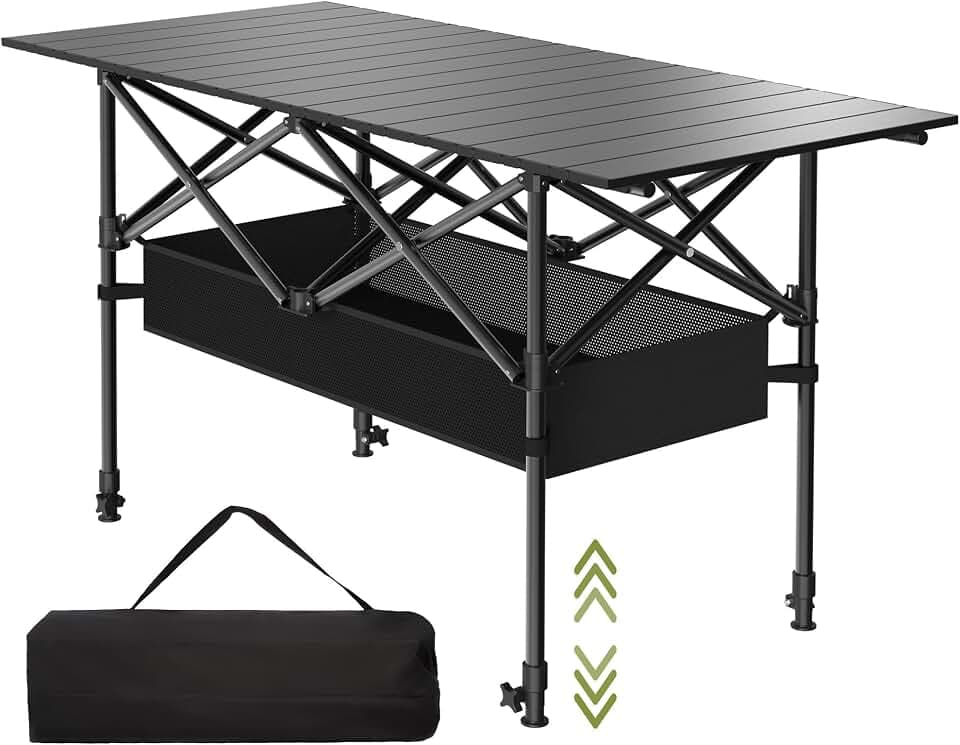 4FT Folding Camping Table,Portable Roll-up Picnic Table with Carry Bag & Mesh Storage,Lightweight Camp Table for Camping,Picnic,Backyard,Party,Patio,BBQ
