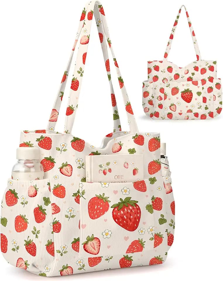 Corduroy Tote Bag for Women,Large Capacity Cute Tote Bags With 6 Pockets,Crossbody Shoulder Handbag for Work Travel Gym