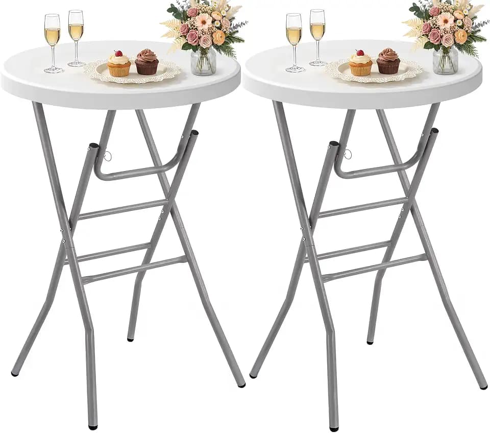 VECELO 28" Round Cocktail Table, Folding Bar Height Table with Removable Legs, 43.3" Tall Portable Plastic Bistro High Top for Indoor Outdoor Wedding Events, Patio, Backyard, Parties, White-2PCS