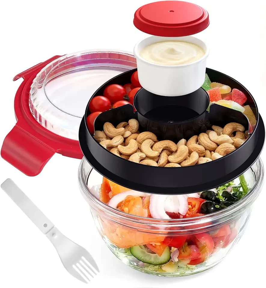 WHALEHOUSE Clear Eco-friendly SK chemicals ECOZEN Salad Container, 33OZ Portable Plastic Salad Bowls with Lid & Snack Tray, Leak-Proof Dressing Container, Reusable Fork, Lunch Box for Meal Prep (Red)