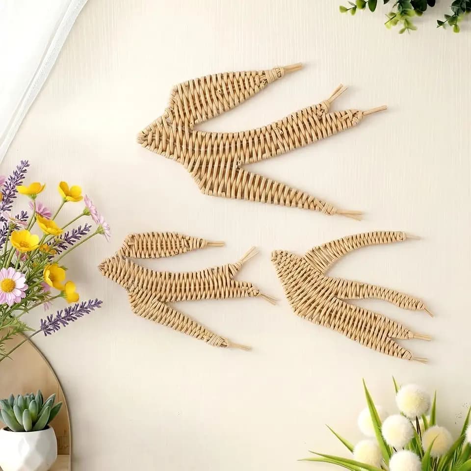 Threehoney 3 Pcs Spring Boho Rattan Bird Wall Decor Set Handmade Wicker Flying Birds for Home Living Room Entryway Scandinavian Natural Wall Art Decor