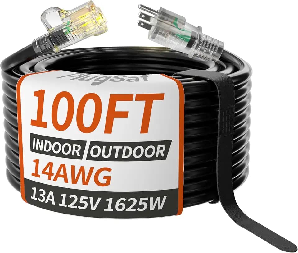 PlugSaf 14/3 Gauge 100 FT Extension Cord Outdoor, Heavy Duty Extension Cord
