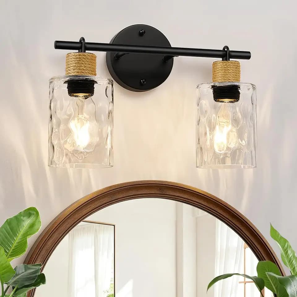 MOKATNG Bathroom Light Fixtures, 2-Light Coastal Vanity Lights with Crystal Glass Shade, Brown and Gold Bathroom Wall Lamp for Mirror Kitchen Hallway Cabinet