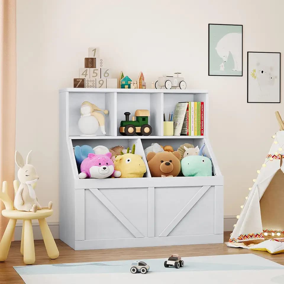 GarveeHome Kids Toy & Book Storage Cabinet, Multi-use Toddler Book Toy Organizer, Suitable for Kid Bedroom Playroom Nursery Daycare, Vintage White