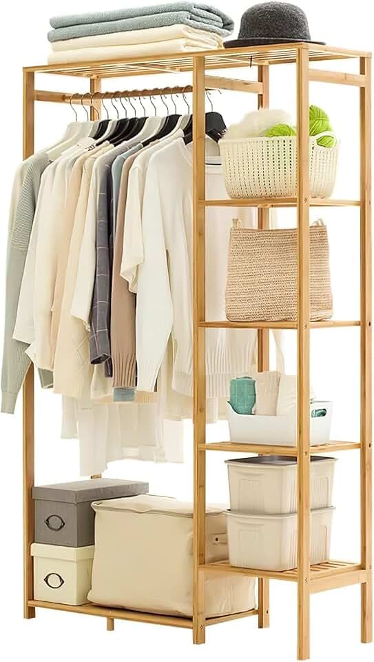 Jotsport Bamboo Clothing Rack with 6 Tier Storage Shelf & Hanging Rod