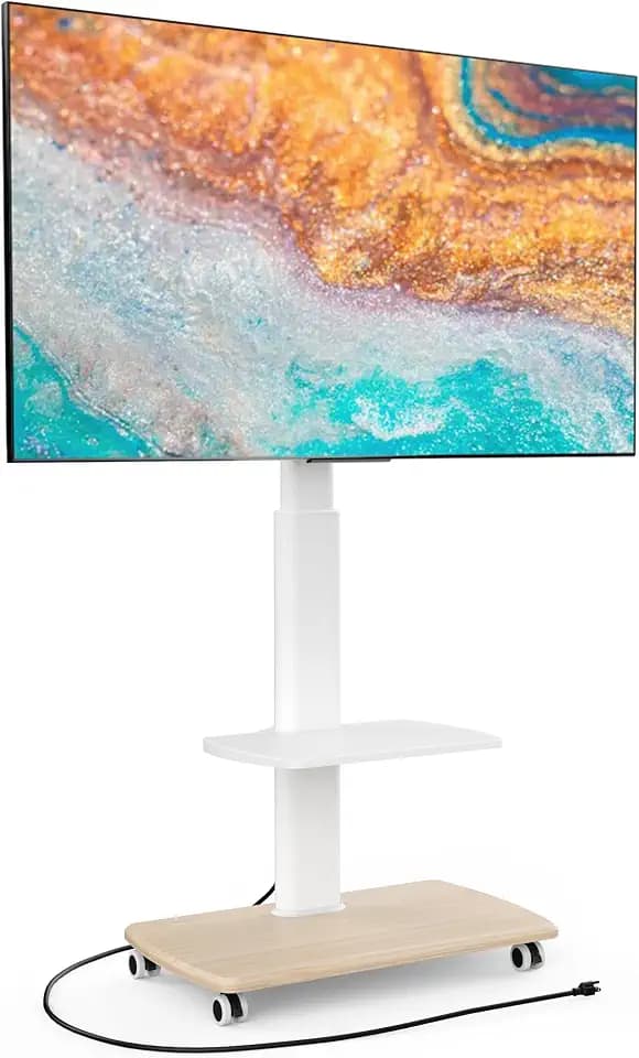 FITUEYES Rolling TV Stand with Power Outlets for 32-75 Inch TVs, White