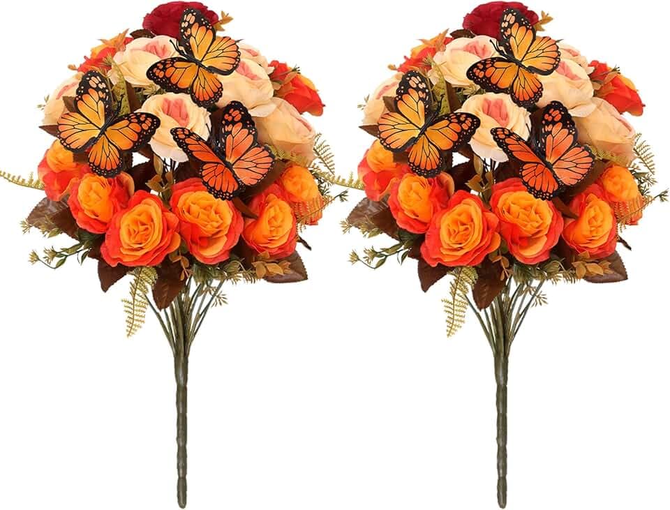 2 Bundles Artificial Fall Flowers, Faux Silk Rose Autumn Bouquet (Orange )