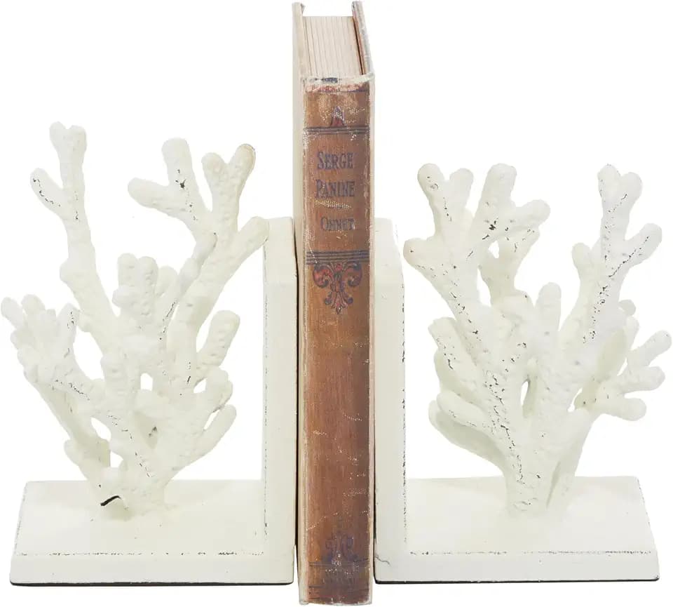 Deco 79 Metal Coral Decorative Bookends Non Skid Bookends, Set of 2 Office Bookends5"W, 7"H, White