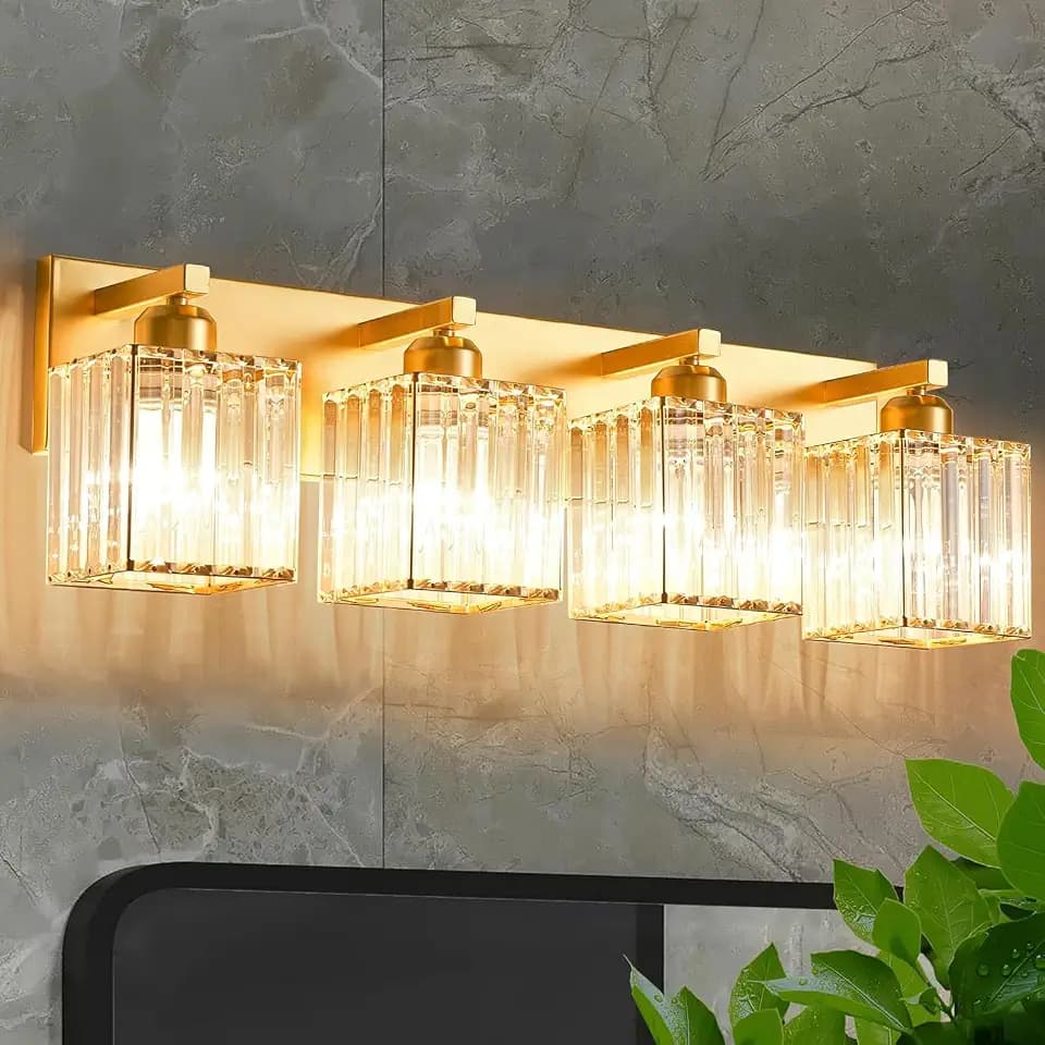 DIAMONDFORGE Bathroom Vanity Light Fixtures Over Mirror 4 Crystal Lights - Makeup Lighting Pure Gold - for Modern Wall, Bath, Desk, Farmhouse, Hallway