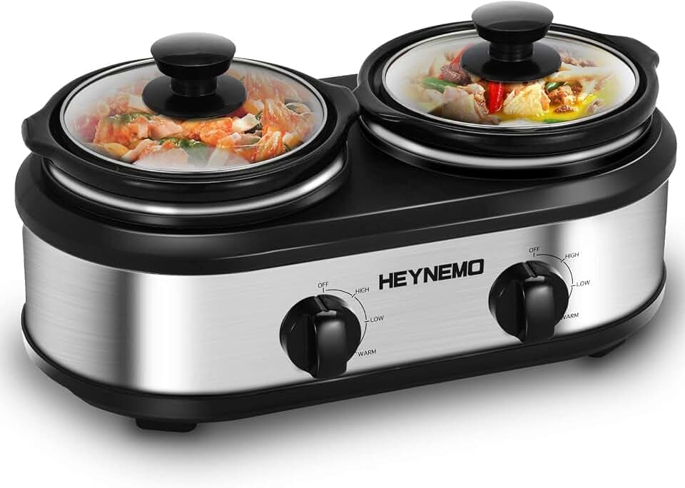 HEYNEMO Double Slow Cooker Buffet Server, 2 x1.25 QT Dual Ceramic Pots Food Warmer with Individual Temp Controls, Dishwasher-Safe Pots & Glass Lids for Parties, Dips, Taaco Night, Silver