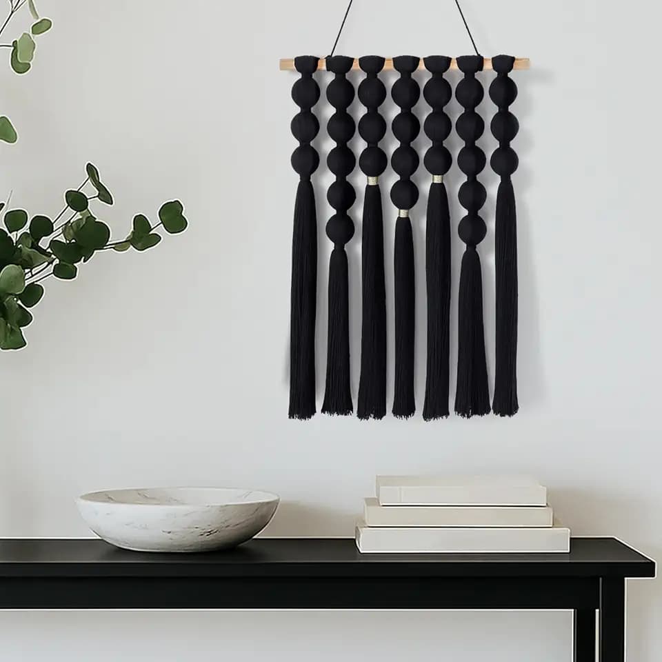STRONA Handmade Macrame Wall Hanging – 16"W x 23"L Boho Tapestry with Gold Detail, Black Cotton Macrame Wall Art, Organic Modern Decor for Bedroom, Living Room, Entryway, Artisan Handcrafted in India