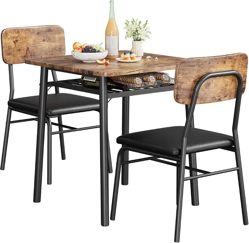 IDEALHOUSE Small Dining Table Set for 2, 3-Piece Dining Set with Storage Rack, Wood Kitchen Table with Upholstered Chairs, Square Table Set with Metal Legs Support, for Dining Room, Living Room, Brown