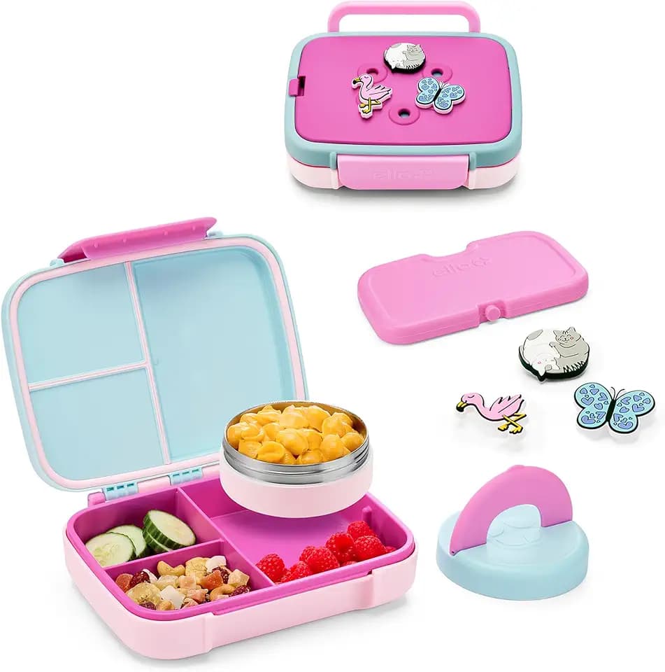 Ello Benni™ Kids Bento Box with Insulated Food Jar and Ice Pack, Leakproof Lunch Container, 3 Compartments, Charm Compatible, Hot and Cold Food Storage for School Lunch and Field Trips | Razzmatazz