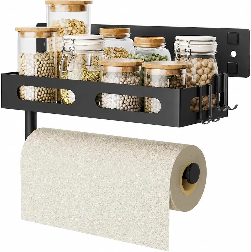 Paper Towel Holder Wall Mount with Shelf, Easy One Hand Tear, Adhesive Glue or Drill Mount Hanging Paper Towel Holder with Shelf for Kitchen/Bathroom/RV, Black Metal, 4 Hooks