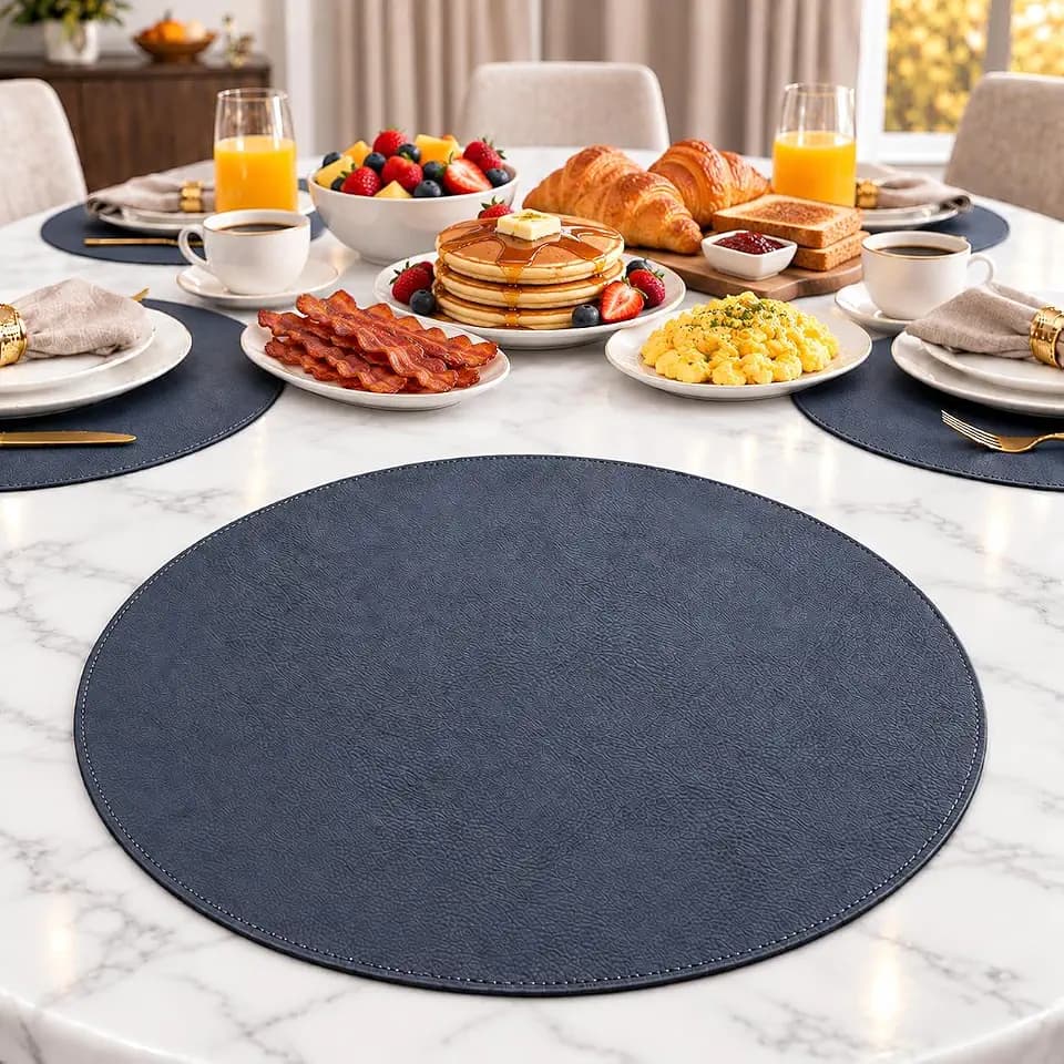 Placemats Set of 6 – Round 15” Faux Leather Table Mats for Dining, Heat Resistant & Non-Slip Washable Table Decor, Indoor, Outdoor, Dining Table Set for 6, Modern Kitchen & Holiday Use, Navy