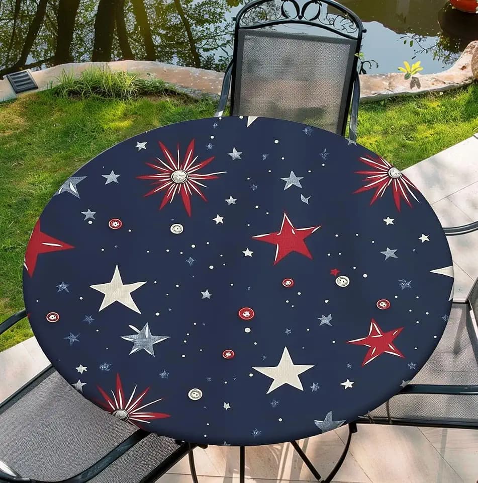 Waterproof Tablecloth with Elastic Tablecloth for Round Tables 36"-70" for Indoor Outdoor Patio Use, 52Inch, Stars and Fire