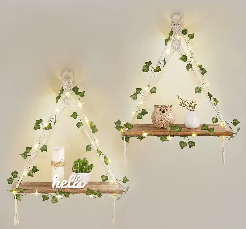 Mkono Macrame Wall Hanging Shelves Set of 2 with Artificial Ivy Lights