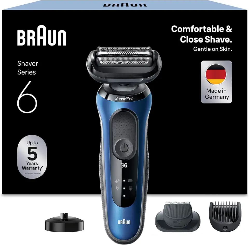 Braun Series 6 Elektrorasierer mit EasyClick Barttrimmer Aufsatz, SensoFlex Rasierer Herren Elektrisch, Ladestation, Wet & Dry, Geschenk Mann, Made in Germany, 61-B4500cs, blau