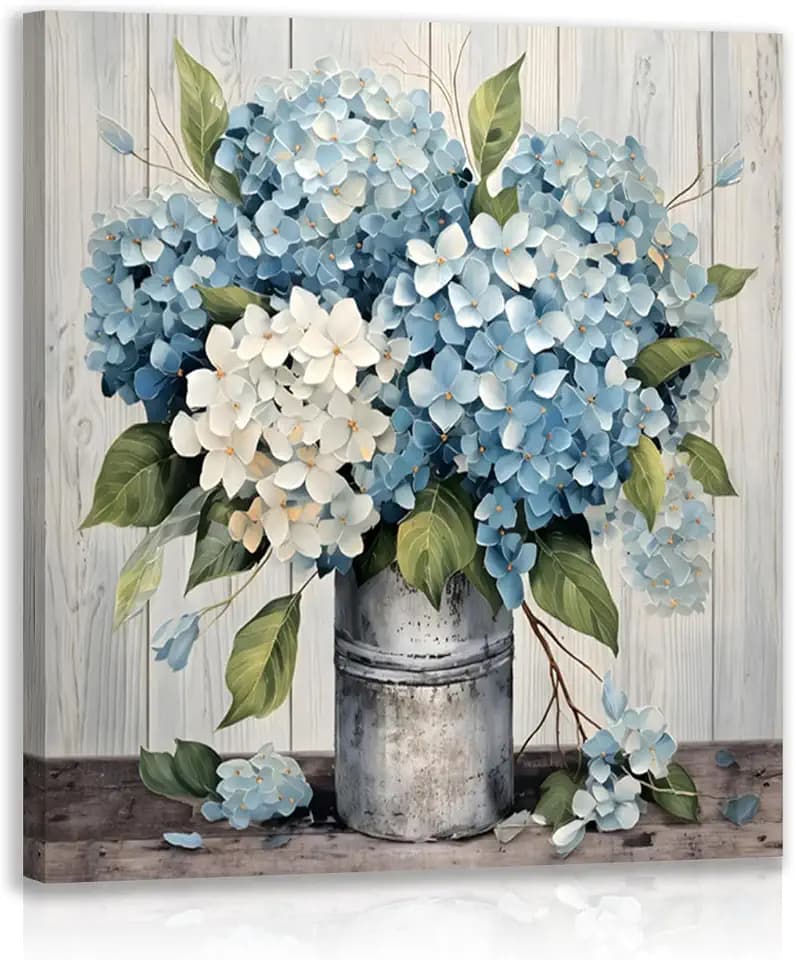 IAFWZX Wrapped Canvas Rustic Blue Hydrangea Wall Art 20x20 in