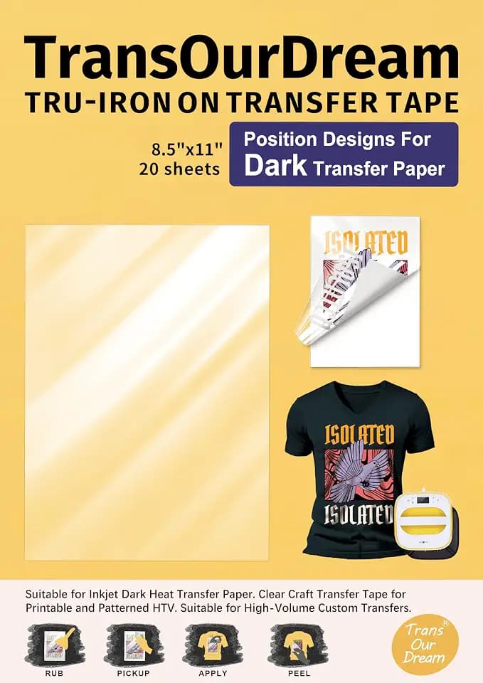TransOurDream Tru-Iron On Transfer Tape for Inkjet Dark Heat Transfer Paper (20 Sheets, 8.5"x11") Iron On Clear Transfer Tape for Cut & Weeded Printable Heat Transfer Vinyl, Iron on Transfer Mask