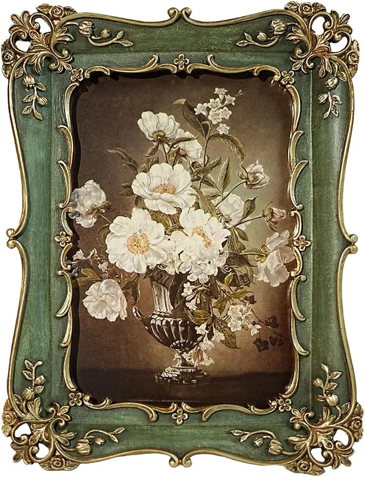 4x6 Vintage Picture Frame, Antique Green Ornate Photo Frame for Wall Hanging or Tabletop Display, Decorative Floral Design Retro Home Decor, Photo Gallery Art