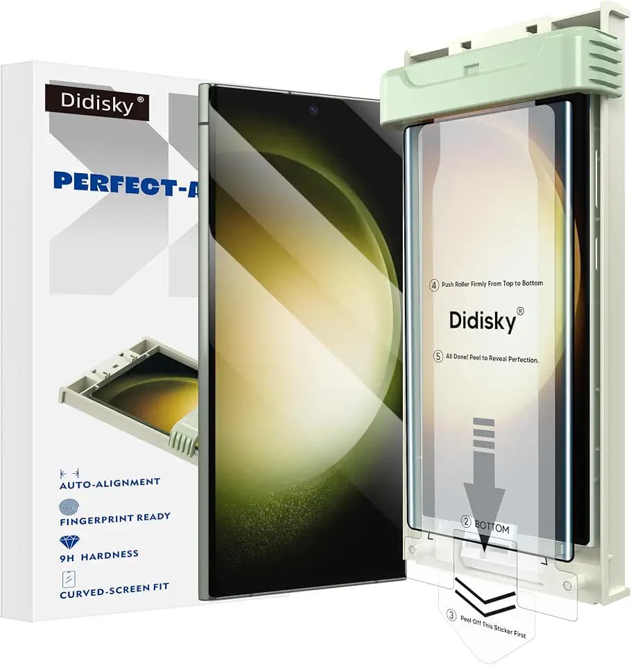 Didisky 2er-Pack Displayschutzfolie aus gehärtetem Glas für Samsung Galaxy S23 Ultra, unterstützt Fingerabdruck, mit einfacher Installationshilfe, 3D-gebogene Vollabdeckung, 9H-Härte, HD-klarD