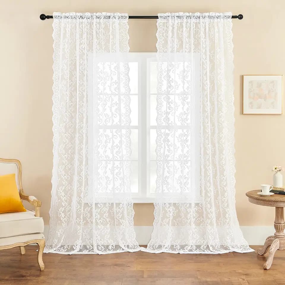 White Lace Curtains 102 Inches Long 2 Panels Paisley Floral Sheer Curtains for Living Room Bedroom Rod Pocket Light Filtering Neutral Large Window Privacy Decor for Dining Room Hallway, 52x102