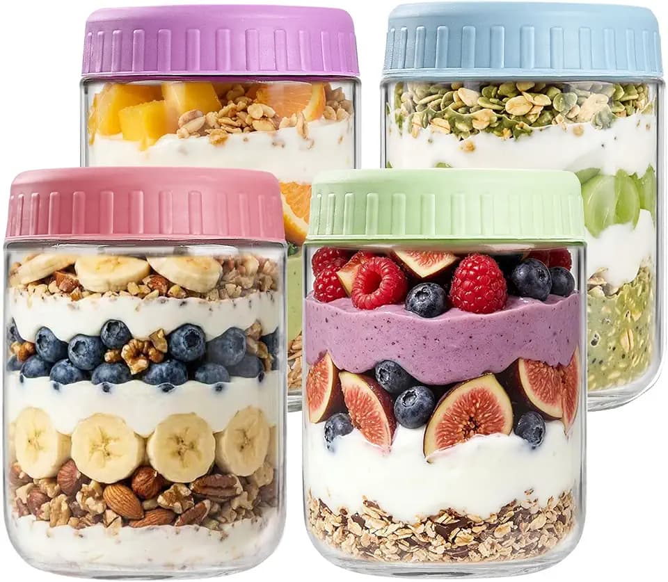 SHOWIN Overnight Oats Containers with Lids, 16oz Glass Jars with Lids 4 pcs, Candy, Wide Mouth Mason jars for Salad, Yogurt, Snacks, Meal Prep