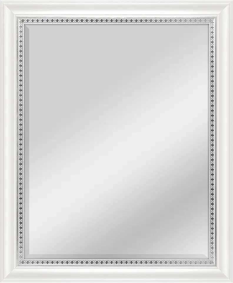 MCS 22x28 Large Wall Mirror, White Woodgrained Frame with Silver Embossed Detail & Beveled Detail Mirror, Vertical & Horizontal Wall Hanging Mirror for Bathroom, Bedroom & Livingroom