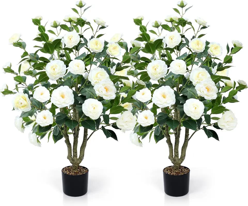 Artificial Camellia Tree 2 Pack 42" with 32 Blooming Flowers in Pot White