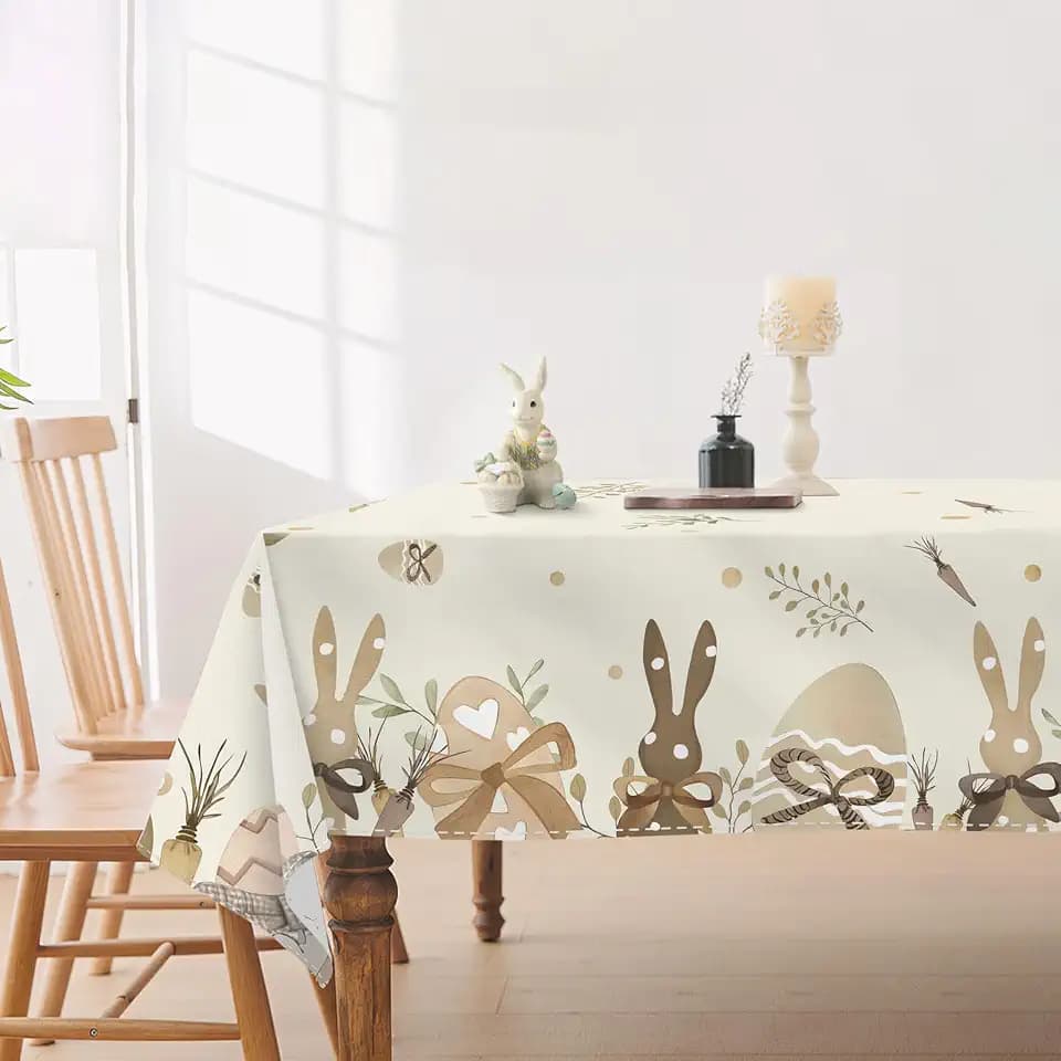 Easter Tablecloth 60x102 Inch, Brown Bunny Egg Easter Stain and Wrinkle Resistant Washable Table Cover for Spring Holiday Party Picnic Dinner Decor