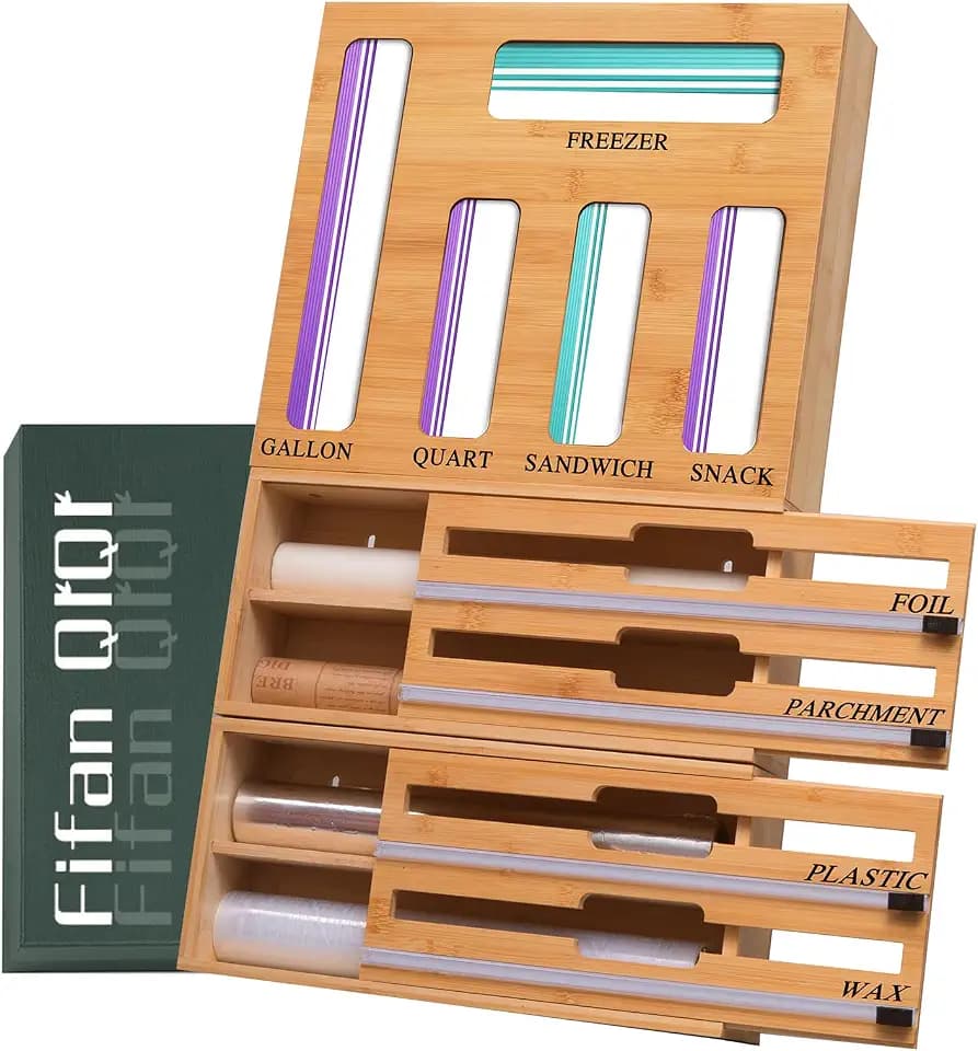 9 In 1 Storage Bag Organizer And Plastic Wrap Dispenser With Cutter, Bamboo Foil and Plastic Wrap Organizer