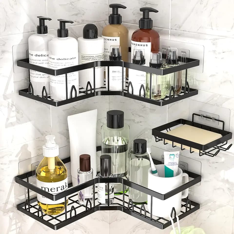 Shower Shelf Corner, Adhesive Shower Caddy Rustproof, Shower Shelves Corner with Soap Holder, No Drilling Shower Corner Organizer for Dorm, Renters Bathroom, Black, 3 Pack