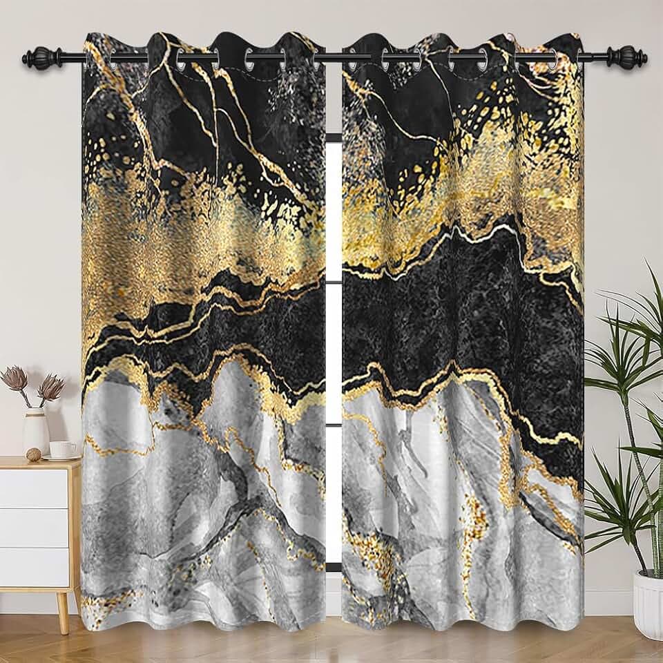 Blackout Curtains Black Grey Gold Marble Window Drapes Fluid Gold Foil Gothic Window Curtains Modern Abstract Art Window Treatments for Youth Living Room Bedroom Kitchen,42x96 inch,2 Panels