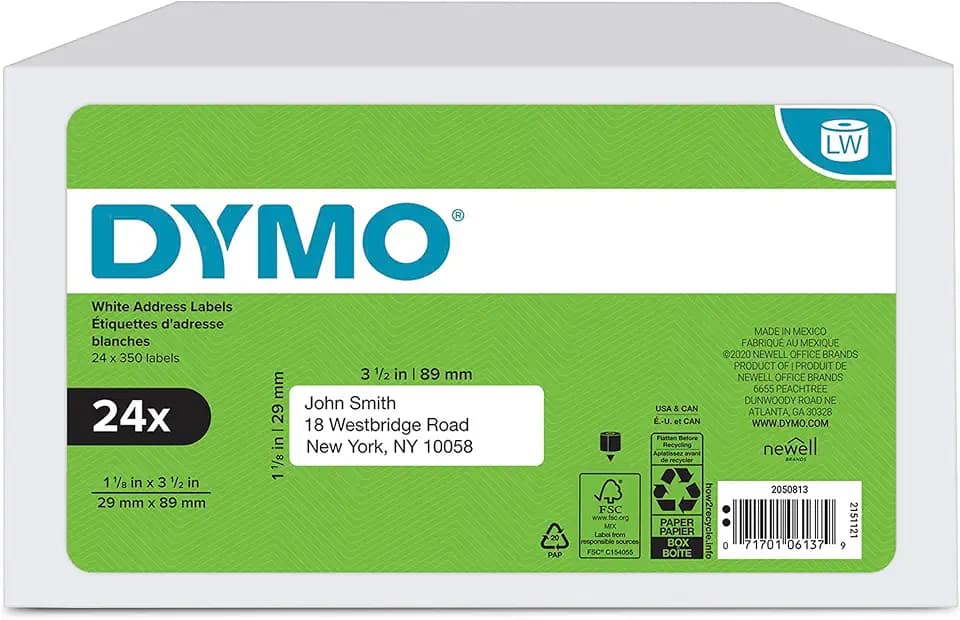 DYMO Authentic LW Mailing Address Labels, For LabelWriter Label Printers, White, 1-1/8" x 3-1/2", 24 Rolls of 350 (8400 Total)