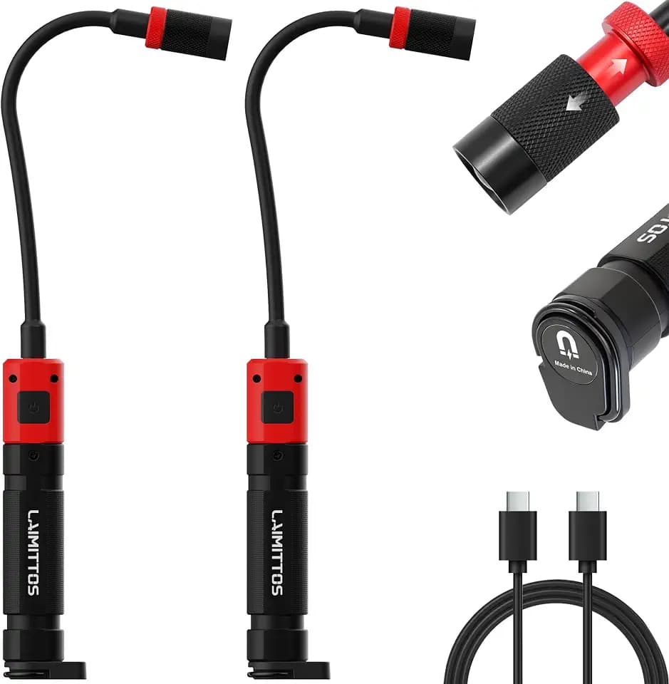 Magnetic Flashlight with Flexible Gooseneck, Rechargeable Work Light LED Zoomable Lens Flashlight, Mechanic Light for Work Bench, Auto-Repairing, Inspection, Emergency (2 Pack)