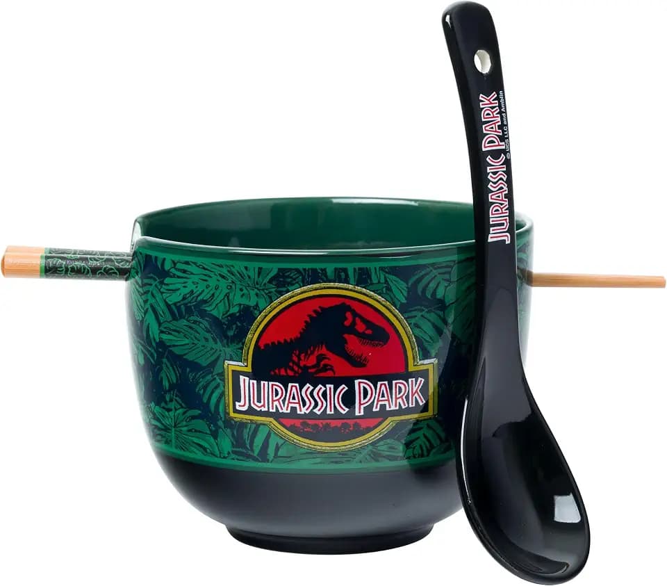 Silver Buffalo Jurassic Park Logo Leaves, Ramen Bowl with Chopsticks, 20oz
