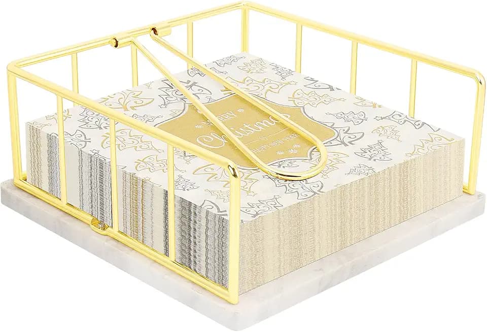Livabber Flat Napkin Holder, Metal Kitchen Napkin Storage with Weighted Tension Arm Rustic Tissue Paper Dispenser for Countertop, Table Kitchen, Dining Room (With Marble Base, Gold)