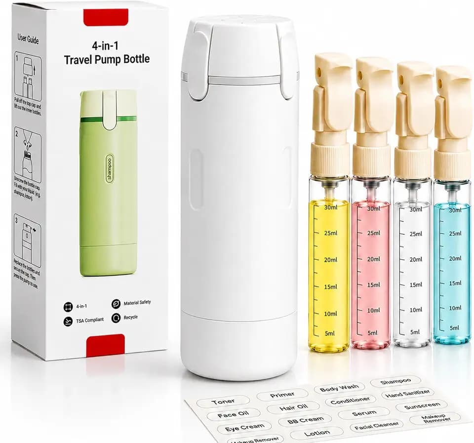 4 in 1 Travel Dispenser Bottles Shampoo Refillable Leak Proof TSA Compliant Size Containers Toiletries Toiletry with Pump Design Portable Organizer Conditioner Lotion Cream Vacation (White)