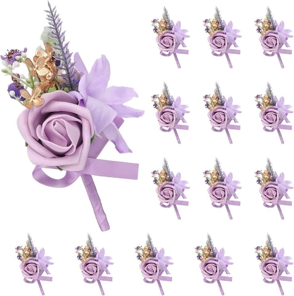 uxcell 15pcs Purple Boutonnieres for Men, Buttonholes Pocket Corsage Artificial Flowers with Boutonnieres Pins for Bride Groom Wedding Ceremony Anniversary Formal Party