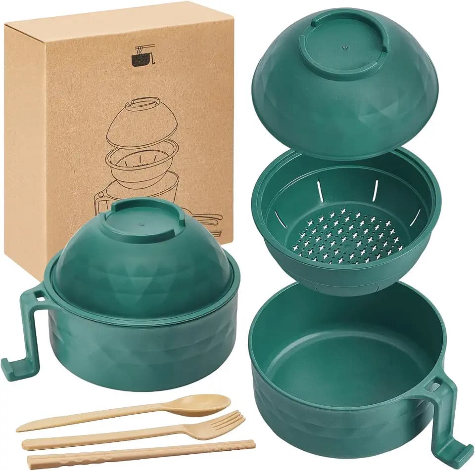1 Set Microwave Ramen Cooker Bowl with Utensils, Dark Green