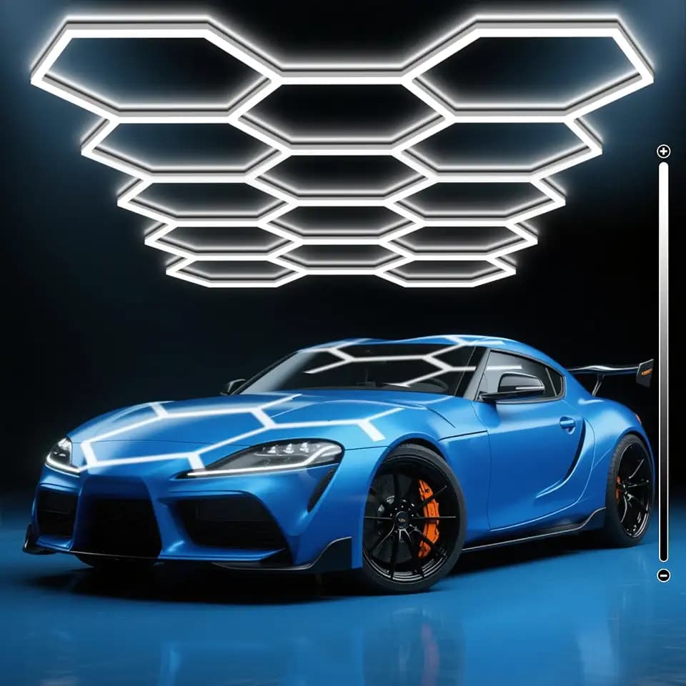Hexagon Garage Lights, 10-100% Dimmable LED Honeycomb Lights, 54720LM, 6500K Super Bright, 14 Grid Systems Car Detailing Lighting for Warehouse Workshop Basement Gym