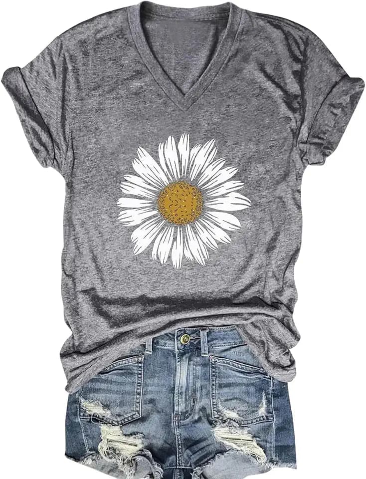 MQSVPUT Women's T-Shirts V-Neck Boho Flowers Wildflowers Tee Cute Summer Graphic Shirts Short Sleeve T Shirt