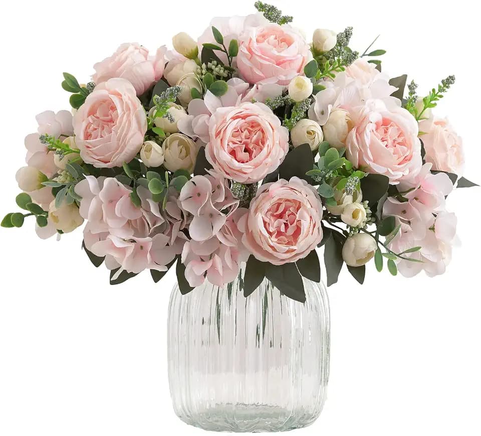 4-Bunch Pink Artificial Peony Bouquet, Silk Flowers for Home Decor
