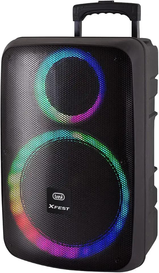 Trevi XFest XF 1250 KB, Standlautsprecher, Tragbarer Lautsprecher mit Verstärker 90W, Karaoke-Musikbox mit Mikrofon, Kabellos, USB, AUX-IN, TWS, 12V Eingang für Zusatzakku, Wiederaufladbar, Schwarz